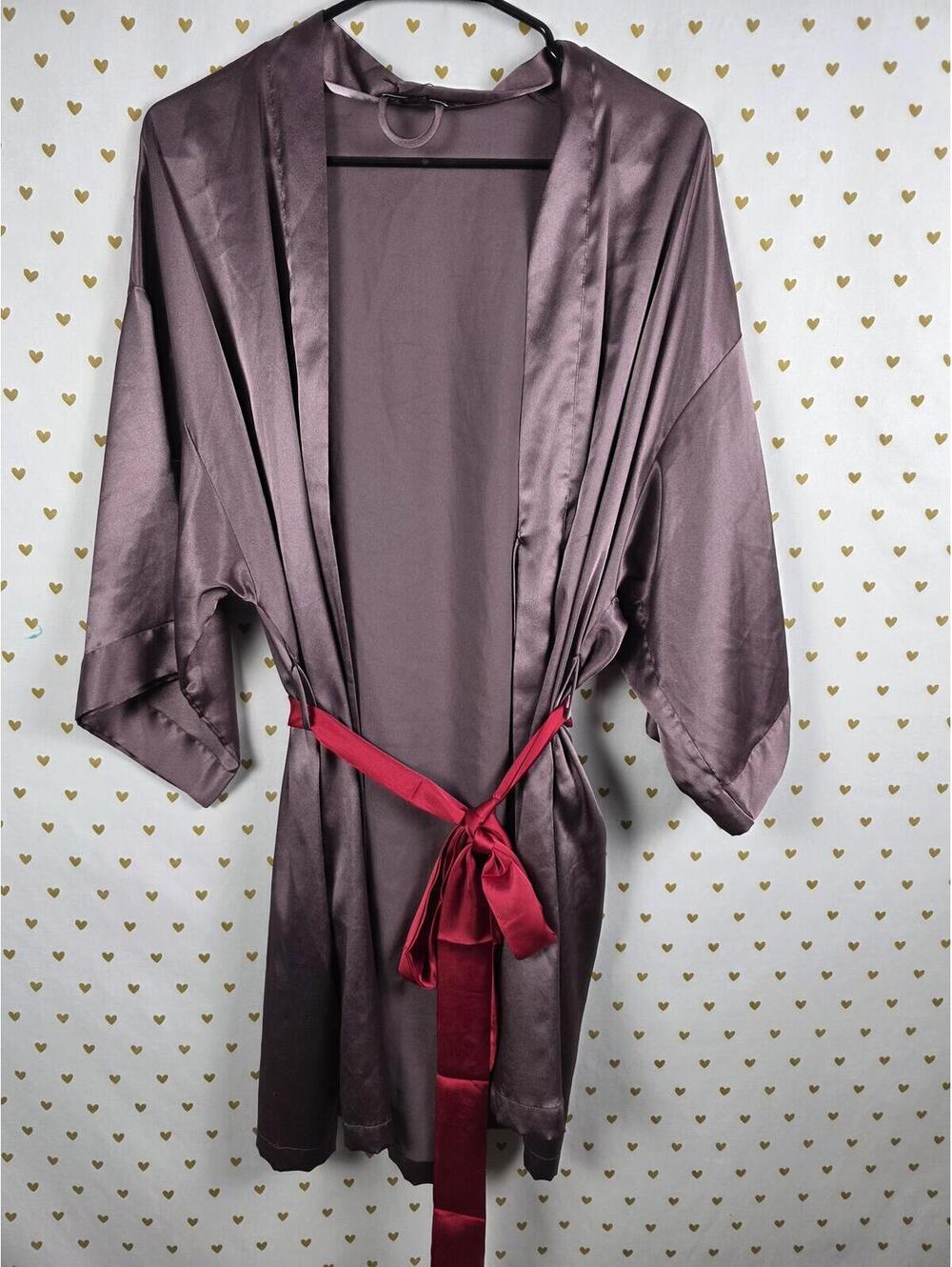 Victorias Secret Satin Silky Robe Taupe Kimono Wrap Cover Up Lounge Pockets M L